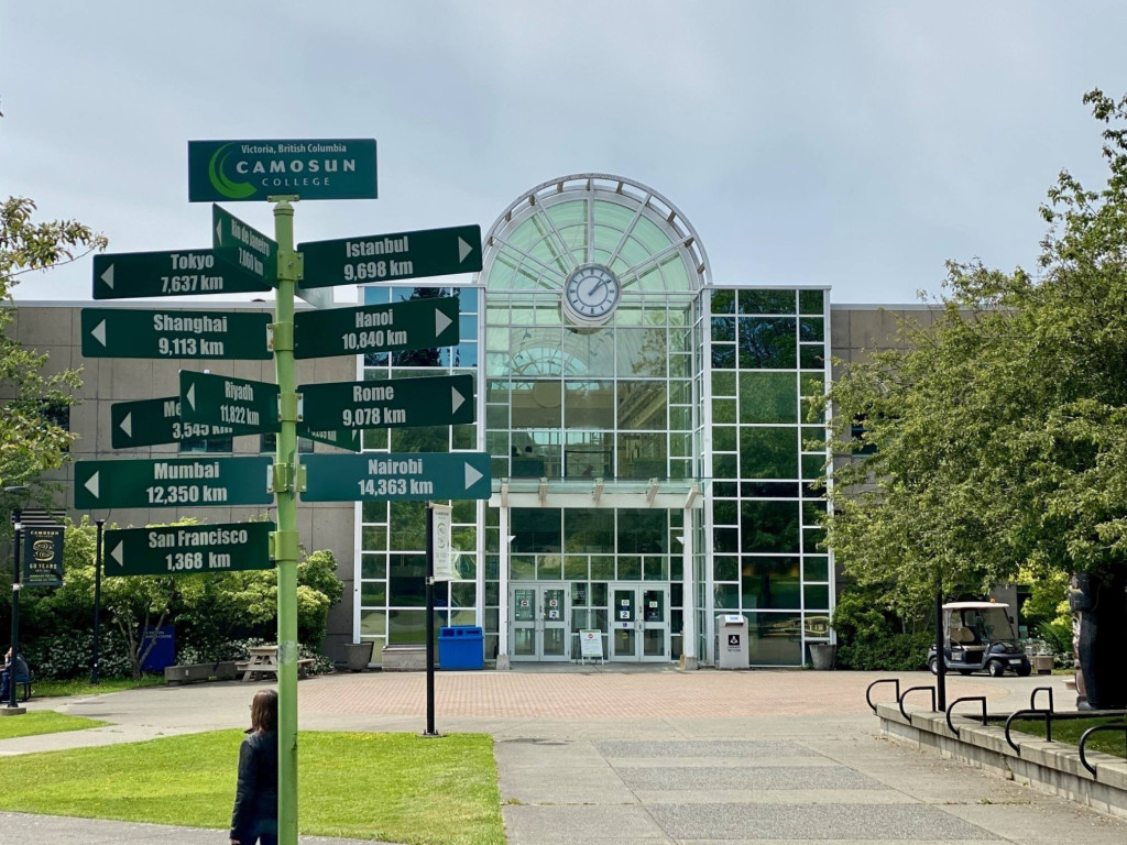 Wayfinder post with Liz Ashton Campus Centre building in the background