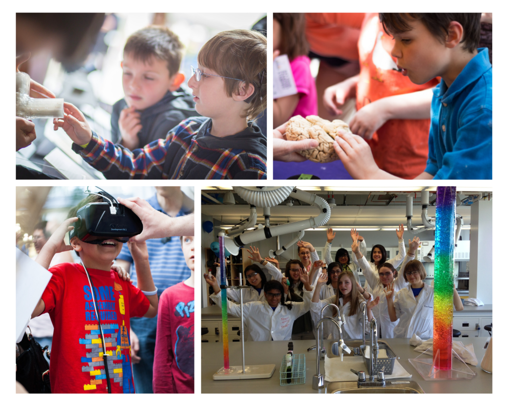 Multiple images depicting children participating in STEM-based activities.