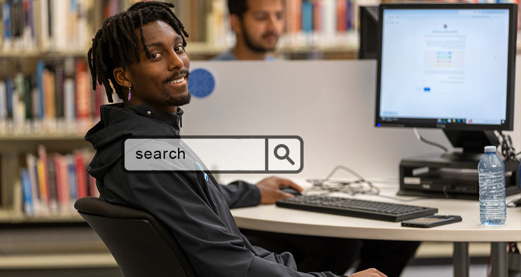 Student at Interurban library computer station with an overlay image showing the appearance of the new oval search box for the library’s Single Search tool (EBSCO Discovery Service)