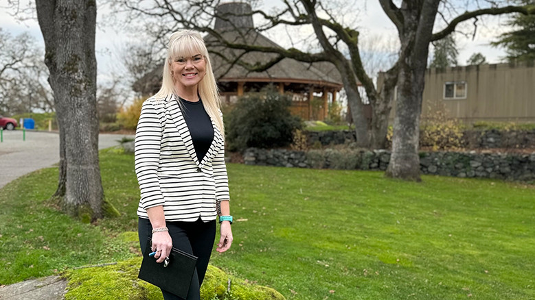 Liisa Robinson is standing alone in Lansdowne campus.