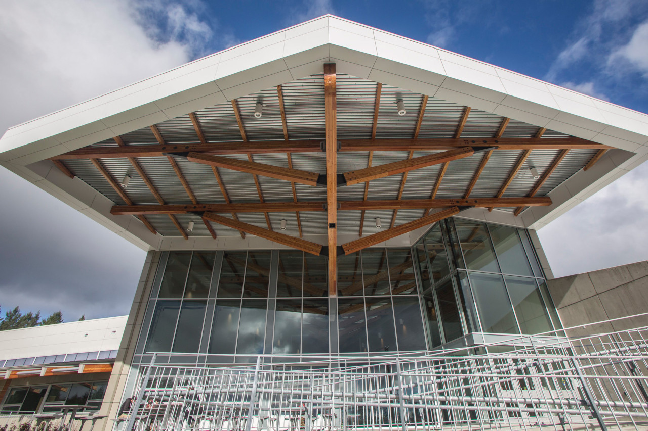 The Centre for Trades Education building silhouetted against the sky