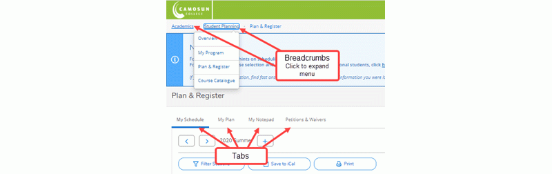 • Breadcrumbs show where you are within a category and can be used to navigate to other pages. • Tabs provide more options on a page.