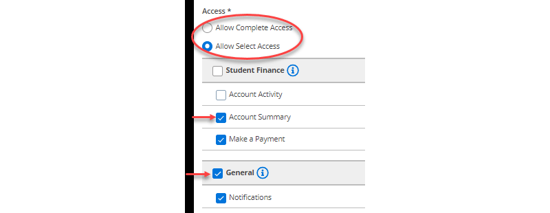 Click the "Allow Complete Access" button to auto-select all categories or click the "Allow Select Access" button to de-select categories individually.