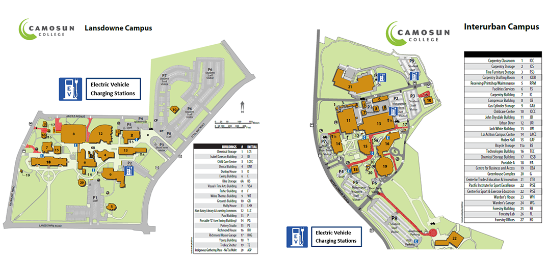 A map of parking lots with electric vehicle charging stations 