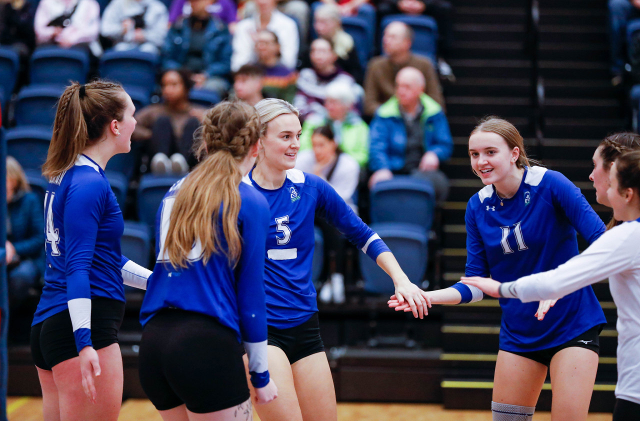 Women's volleyball celebrate win