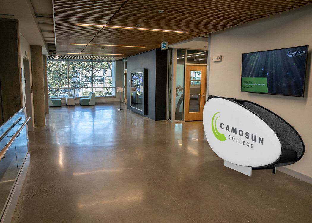 A sleep pod branded Camosun College located in the Wilna Thomas building