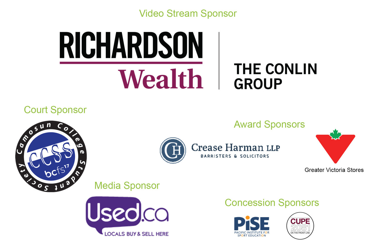 Sponsor logos for men's volleyball national championships: Video Stream Sponsor, Richardson Wealth - The Conlin Group; Award Sponsors, Crease Harman LLP and Canadian Tire Greater Victoria Stores; Concession Sponsor, PISE - Pacific Institute for Sport Education