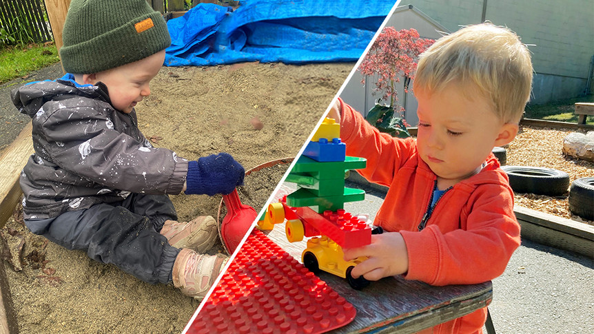 A diptych of a baby and a toddler. Each are playing in outdoor sandboxes.